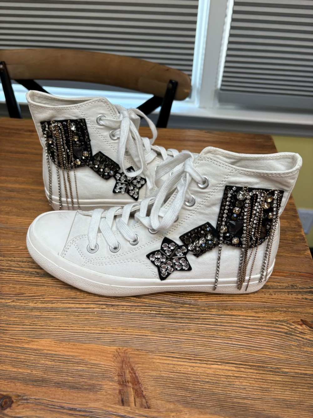 Lauren Lorraine White High-Top Sneakers with Black Beaded Patches and Chains - Picture 14 of 16